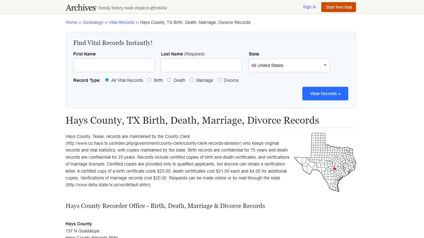 Hays County, TX Birth, Death, Marriage, Divorce Records